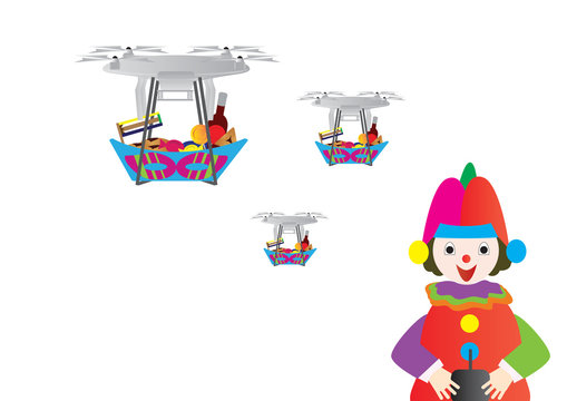 clown holding a remote control and drones with Purim Jewish holiday treats basket