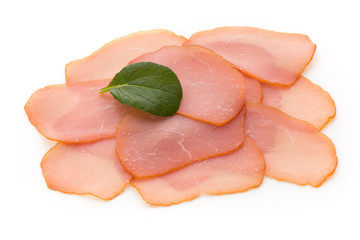 Sliced boiled ham sausage isolated on white background, top view.