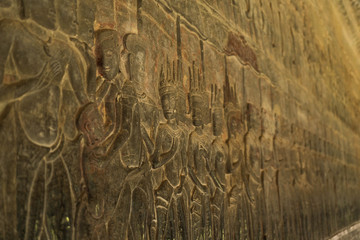 close up shot from the mural in the temple of angkor wat cambodia