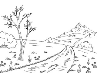 Mountain road graphic black white spring landscape sketch illustration vector