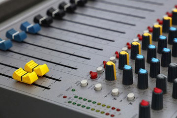 Close up audio control sound mixing console