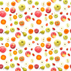 Food texture. Seamless pattern of fresh  various fruits. Pears, apples, slices of tangerines, kiwi, berries isolated on white background, top view, flat layout.