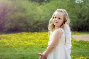 Naklejka na ściany i meble Girl with angel wings on the background of nature.