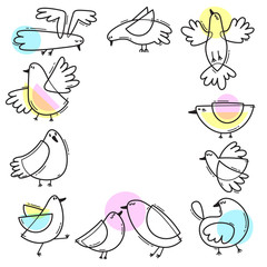 Card with abstract birds. A frame of gulls. Simple line design. Vector illustration