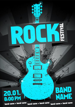 Vektor Illustration blaue Rock Festival Party Flyer Vorlage mit Gitarre, Origami Banner und cool Splash Effekten im Hintergrund