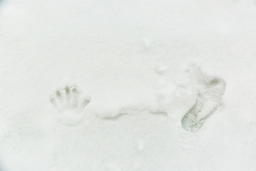 Handprint and footprint on the snow.