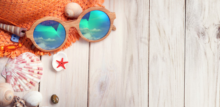 beach accessories glasses hat cockleshells