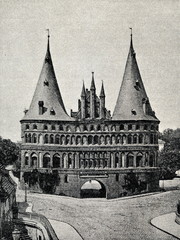 Holstentor in Lübeck, Germany, about 1890 (from Spamers Illustrierte  Weltgeschichte, 1894, 5[1], 325)