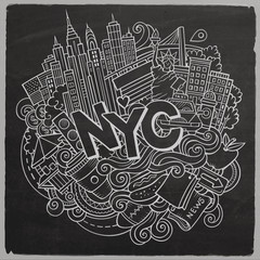 Cartoon cute doodles hand drawn NYC inscription