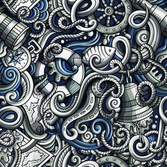 Cartoon hand-drawn nautical doodles seamless pattern