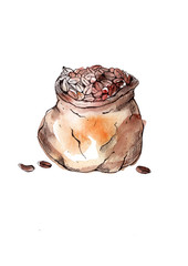 Bag of coffee, grains on white isolated background. Watercolor vintage drawing, Postcard, element, graphic for your design.