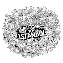 Cartoon cute doodles hand drawn Welcome to Istanbul inscription