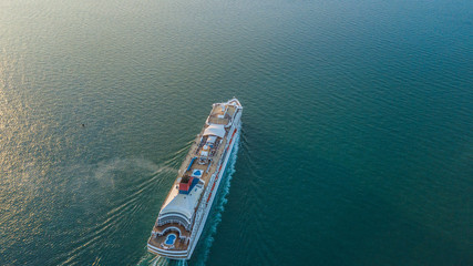 Aerial view large cruise ship at sea, Passenger cruise ship vessel, Large Cruise ship sailing...