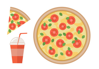 Vector flat pizza margherita illustration with drink in cup with straw isolated on white background