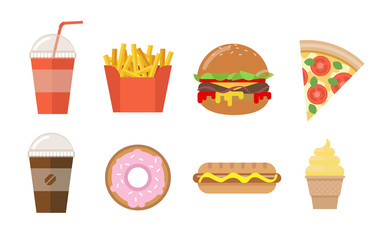 Collection of vector flat fast food icons isolated on white background