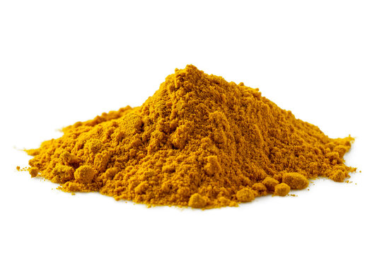 A pile of turmeric powder isolated on white.