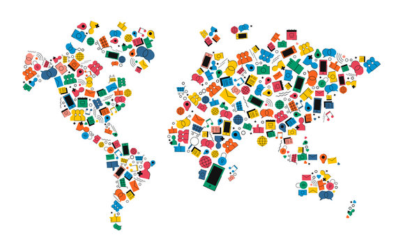 Social media network world map icon shape concept
