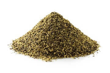 A pile of finely ground black pepper isolated on white.