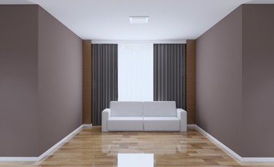 Front view of an office interior with a row of dark wood tables. 3D rendering.