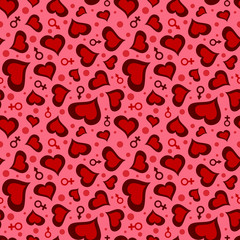 Valentine's Day seamless pattern with hearts, man and woman symbols