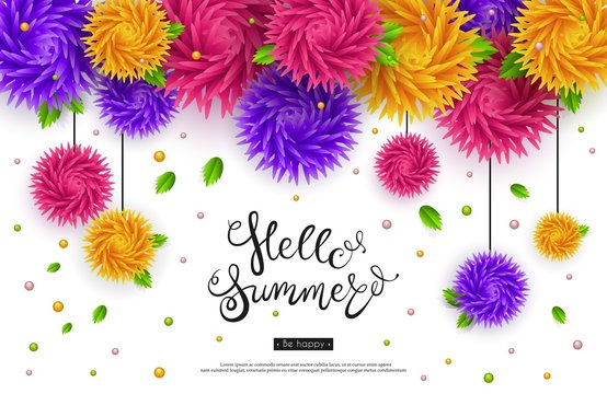 Hello summer. A beautiful banner with 3d graphics colors. Origami, paper. Vector illustration