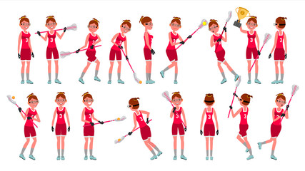 Fototapeta na wymiar Lacrosse Girl Vector. Catch The Ball. Running. Teammates In Different Poses. Sport Competitions. Cartoon Character Illustration