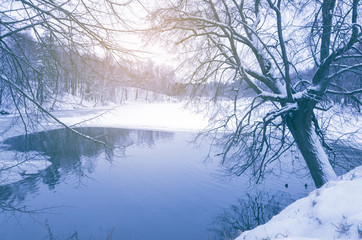 Winter landscape with river.Cold tones.Snow covered trees in park.
