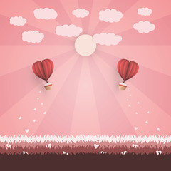 Fototapeta premium Happy valentine’s day concept. Red origami two balloons contain the heart and flying heart on the sun, light and grass background