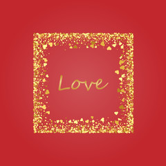 Golden splash or glittering spangles square frame with empty center for text. Golden glittering rectangle made of confetti on red background.