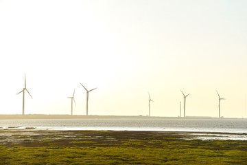 Wind Farm During Sunset Near Gaomei Wetlands in Taichung