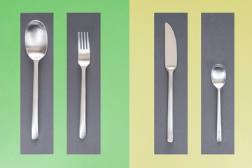 Küche, Kochen, Besteck auf grünem, gelbem und grauem Granittisch, Draufsicht, Hintergrund