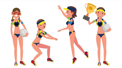 Beach Volleyball Player Vector. Girl. Modern Athlete. Beach Volley. Summer Team Sport. Players In Different Position. Isolated Flat Cartoon Character Illustration