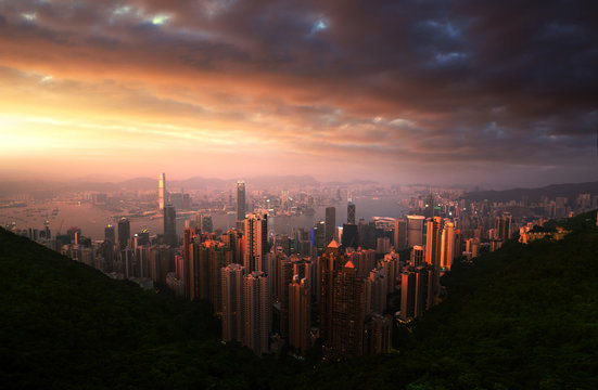 Sunset over Victoria Harbor from Victoria Peak in Hong Kong