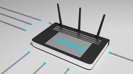 Black router with three antennas and the abbreviation WPA3 cybersecurity