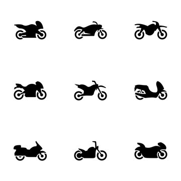 Set of black icons isolated on white background, on theme Motorcycle