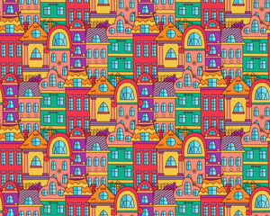 Town buildings houses old city seamless vector pattern