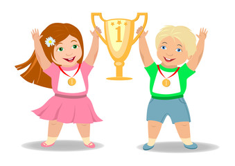 Children winners rejoice together and lift the gold Cup for a sports victory (boy and girl with medals)