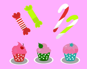 Set of candies and cake