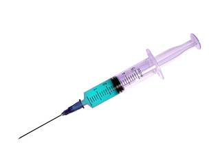 Fototapeta premium medical syringe with a sharp needle, light blue content, isolate