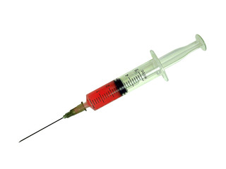 Fototapeta premium medical syringe with a sharp needle, red content, isolate