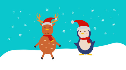 Deer and penguin winter background