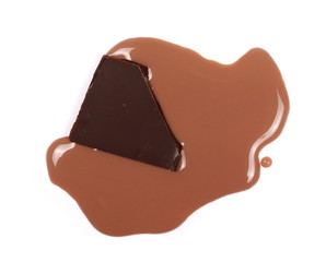 Spilled chocolate milk puddle and bars isolated on white, top view