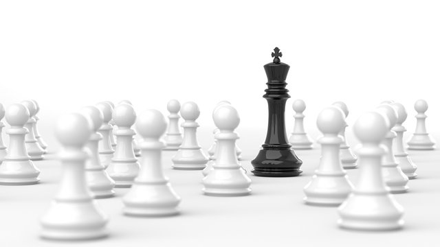 Leadership concept, black king of chess among white pawns. 3D Rendering.