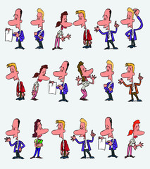 18 office workers characters in a different variations. The characters are angry, sad, happy, doubting.  Vector illustration to isolated and funny cartoons characters.
