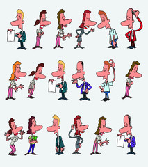 Fototapeta na wymiar 18 office workers characters in a different variations. The characters are angry, sad, happy, doubting. Vector illustration to isolated and funny cartoons characters.