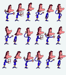 Female office worker character in a set with 18 variations. The character is angry, sad, happy, doubting.  Vector illustration to isolated and funny cartoons characters.