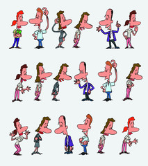 18 office workers characters in a different variations. The characters are angry, sad, happy, doubting.  Vector illustration to isolated and funny cartoons characters.