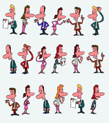 Fototapeta na wymiar 18 office workers characters in a different variations. The characters are angry, sad, happy, doubting. Vector illustration to isolated and funny cartoons characters.