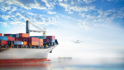 Logistics and transportation of International Container Cargo ship and cargo plane in the ocean at...