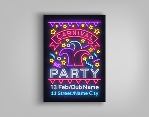 Carnival party design template, brochure, poster in neon style. Bright luminous invitation to the carnival party, masquerade. Neon sign, neon banner, flyer, postcard. Mardi Gras Vector illustration